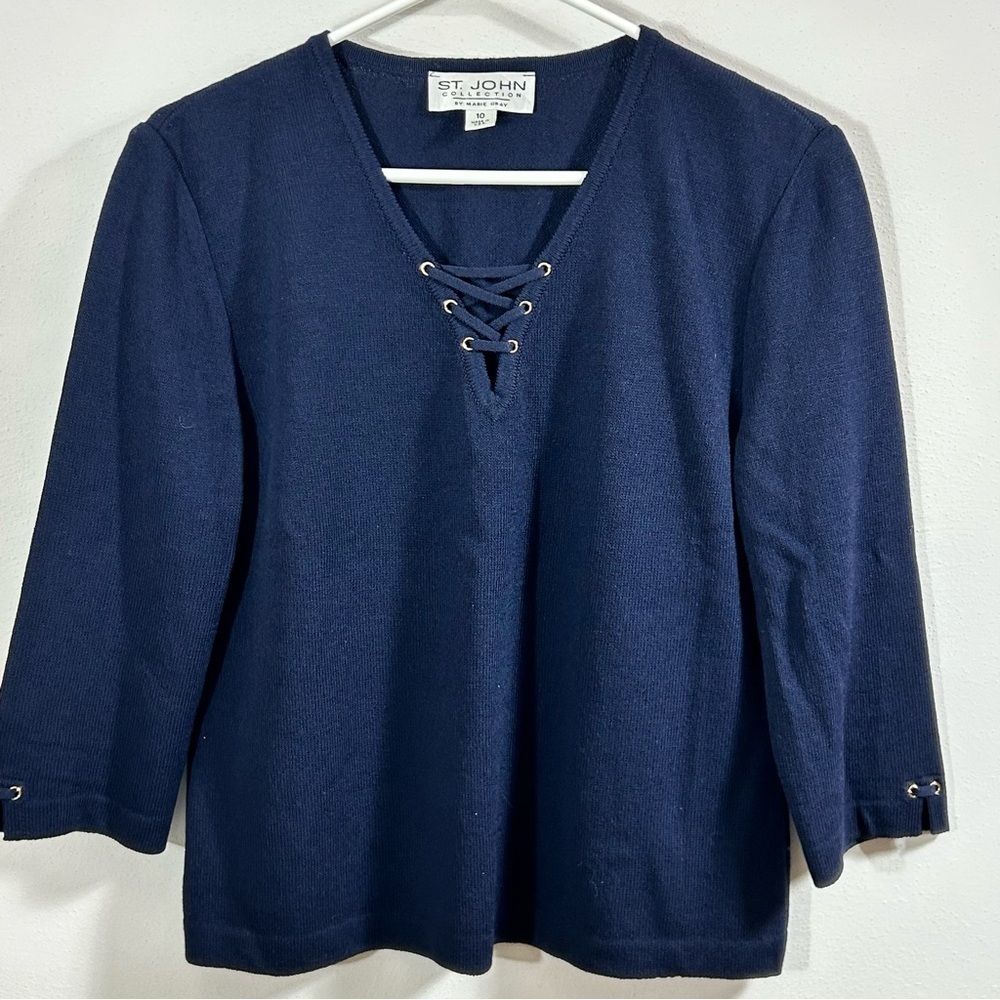 St. John Collection Navy Lace-Up Blouse 3/4 Sleeves Size 10